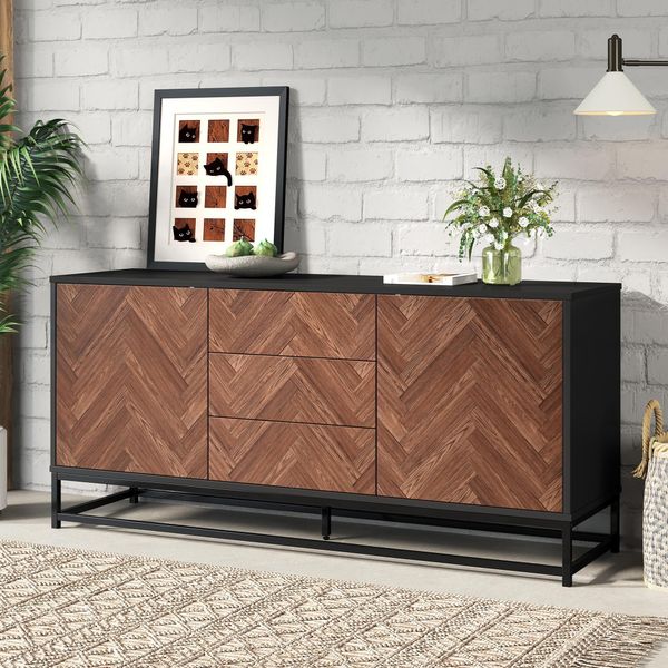 Credenza Merax Con 3 Cassetti E 2 Ante, Cassettiera Con Divisori Regolabili E Struttura In Metallo, Mobile Da Soggiorno In Mdf, Aspetto Legno + Nero-image