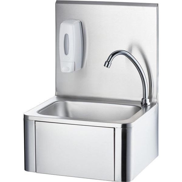 Lavamano Per Montaggio A Parete 400X330X570 Mm, Con Comando A Ginocchio, Incluso Rubinetto, Dispenser Di Sapone E Pannello A Parete-image