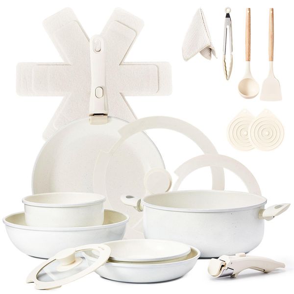 Set Di Pentole In Alluminio Da 22 Pezzi Con 6 Pentole, 3 Coperchi, Manici Rimovibili E Pentola Per Zuppa Da 28 Cm, Bianco Crema-image