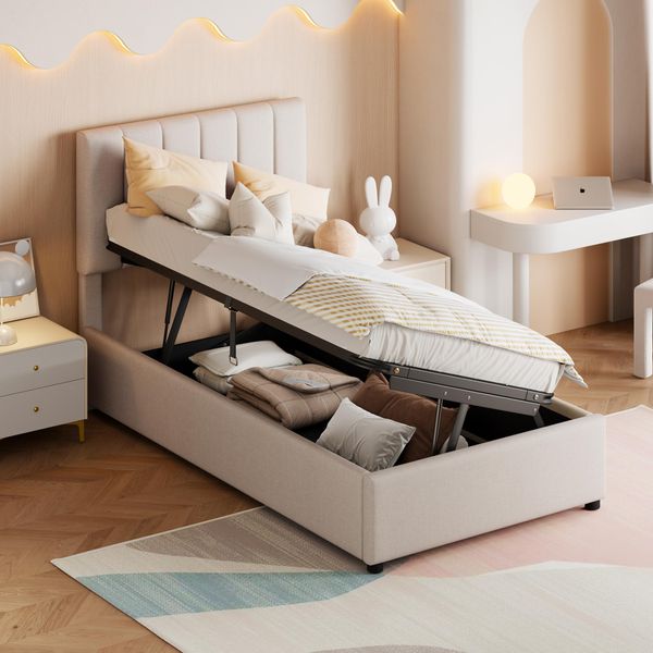 Letto Imbottito Flieks 90X200Cm Con Rete A Doghe, Letto A Molle Con Contenitore, Letto Idraulico Per Giovani Letto Per Bambini Letto Singolo, Lino, Beige-image