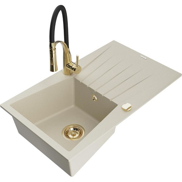 Mexen Cesar Lavello Da Cucina In Granito A 1 Vasca Con Scolapiatti E Rubinetto Da Cucina Aster, Beige - 6514-69-73450-57-G-image