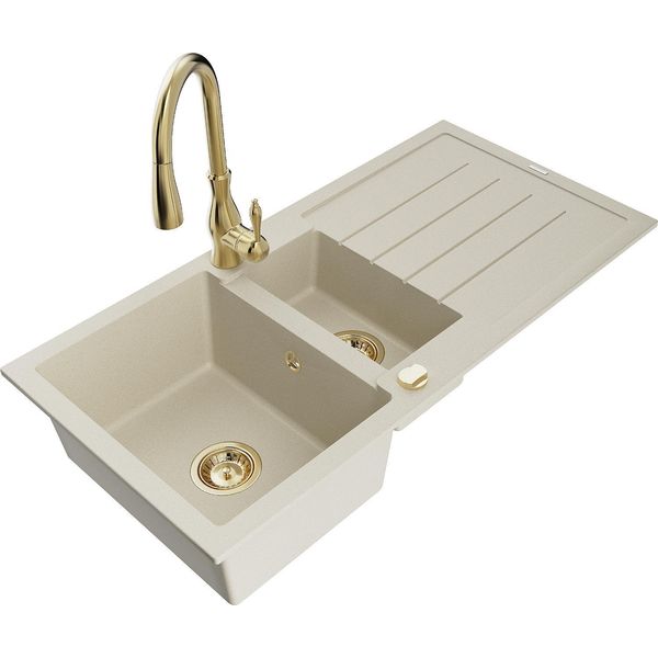 Mexen Andres Lavello In Granito 1,5 Vasche Con Sgocciolatoio E Rubinetto Da Cucina Savita, Beige - 6515-69-672601-50-image