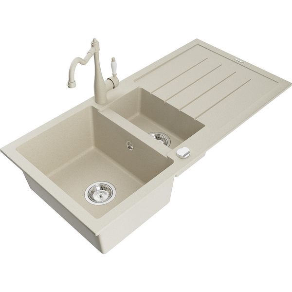 Mexen Andres Lavello In Granito 1,5 Vasche Con Scolapiatti E Rubinetto Da Cucina Carla, Beige - 6515-69-670700-69-image