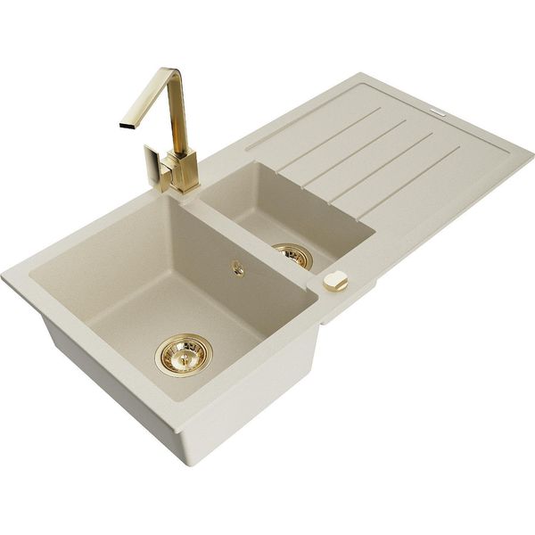 Mexen Andres Lavello In Granito Da 1,5 Vasche Con Scolapiatti E Rubinetto Da Cucina Rita, Beige - 6515-69-670300-50-image