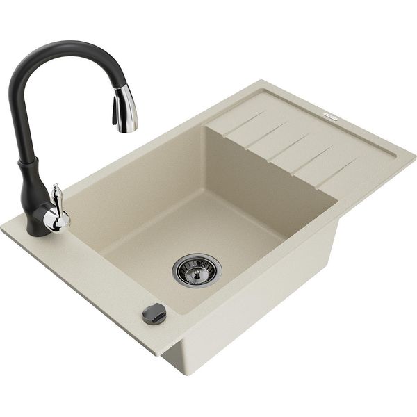 Mexen Elias Lavello In Granito 1-Vasca Con Sgocciolatoio E Rubinetto Cucina Savita, Beige - 6511-69-672601-70-image