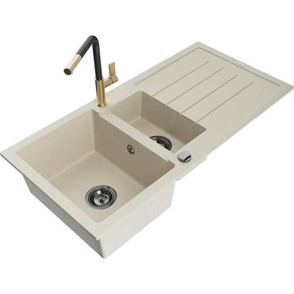 Mexen Andres Lavello In Granito 1,5 Vasca Con Scivolo E Rubinetto Cucina Flora, Beige - 6515-69-670401-57-B-image