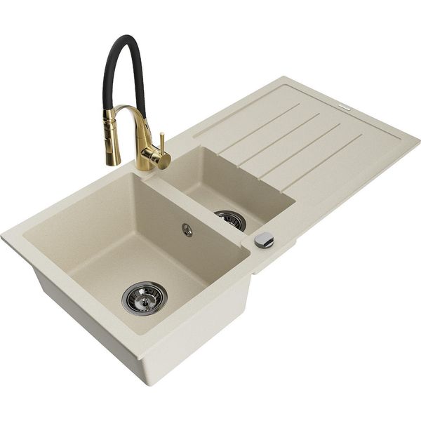 Mexen Andres Lavello In Granito 1,5 Vasche Con Scolapiatti E Rubinetto Da Cucina Aster, Beige - 6515-69-73450-57-B-image