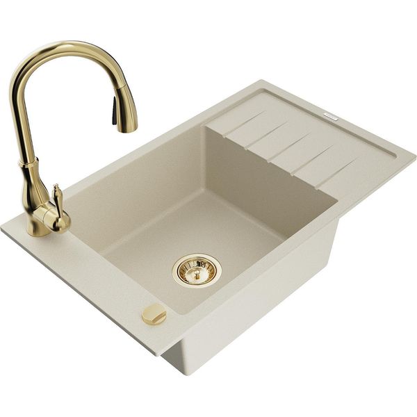 Mexen Elias Lavello Da Cucina In Granito 1-Vasca Con Scolapiatti E Rubinetto Cucina Savita, Beige - 6511-69-672601-50-image