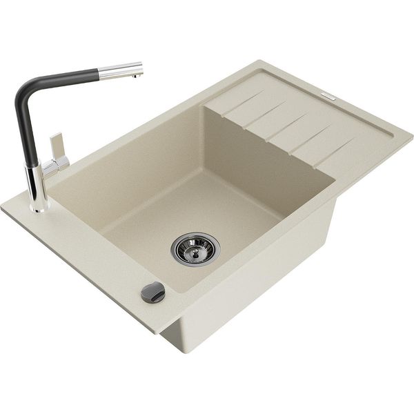 Mexen Elias Lavello In Granito A 1 Vasca Con Scolapiatti E Rubinetto Da Cucina Flora, Beige - 6511-69-670401-07-image