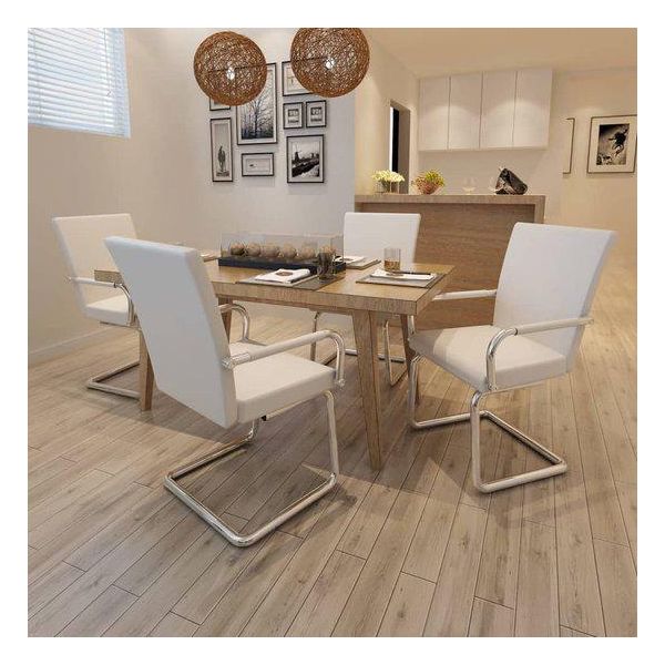 Set Di 4 Sedie A Sbalzo Shujing, Sedie Da Pranzo, Sedie Per Sala Da Pranzo, Sedie Per Tavolo Da Pranzo, Sedie Per Visitatori, Sedie Da Cucina, Sedie Per Sala Da Pranzo, In Ecopelle Bianca-image