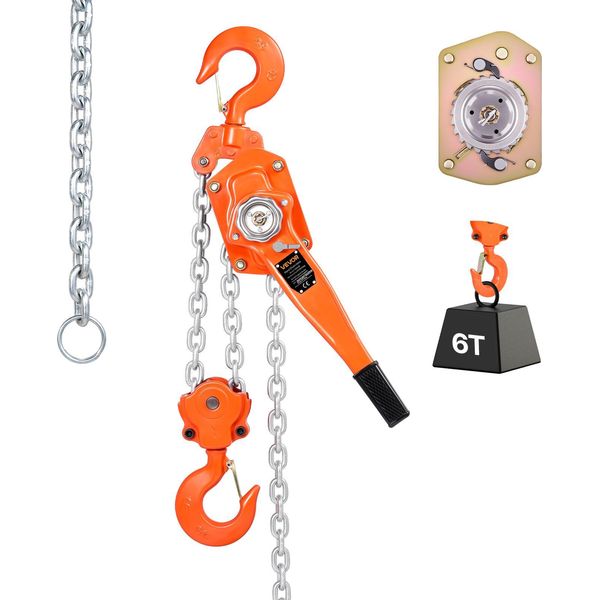 Paranco A Leva Vevor, Portata 6 T, Paranco Manuale A Catena, Corsa 30 M, Catena In Acciaio Legato G80 Con Freno Meccanico A Doppio Nottolino, Paranco A Cricchetto Con Ganci Rotanti A 360°, Per Magazzino, Edilizia, Garage-image