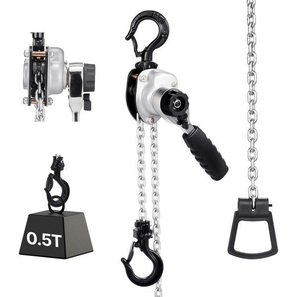 Vevor Mini Paranco A Leva, Portata 1/2T, Paranco A Catena Manuale, Corsa 6 M, Catena In Lega D'acciaio G80 Con Freno Meccanico A Doppio Nottolino, Paranco A Catena Con Ganci Rotanti A 360°, Per Magazzino, Edilizia, Garage-image