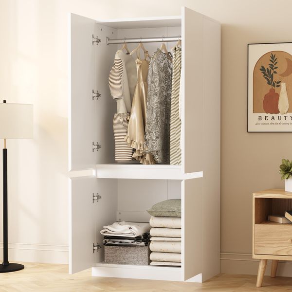 Armadio Flieks Con Appendiabiti E 4 Ante, Armadio Ad Angolo Armadio Per Camera Da Letto Con Vano Portaoggetti, 70X40X170Cm, Bianco-image