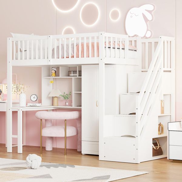 Letto A Castello Flieks 90X200 Con Armadio, Letto A Soppalco Con Scala Contenitore, Letto Per Bambini Letto Singolo Con Scrivania E Scaffale, Letto A Castello Bianco-image