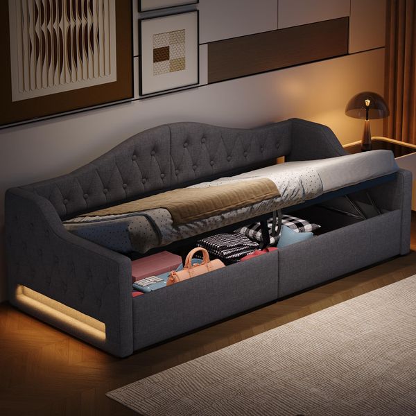 Letto Imbottito Idraulico Flieks 90X200Cm Con Contenitore, Divano Letto Day Bed Con Schienale E Braccioli, Letto Singolo Youth Bed Con Led, Lino, Grigio-image