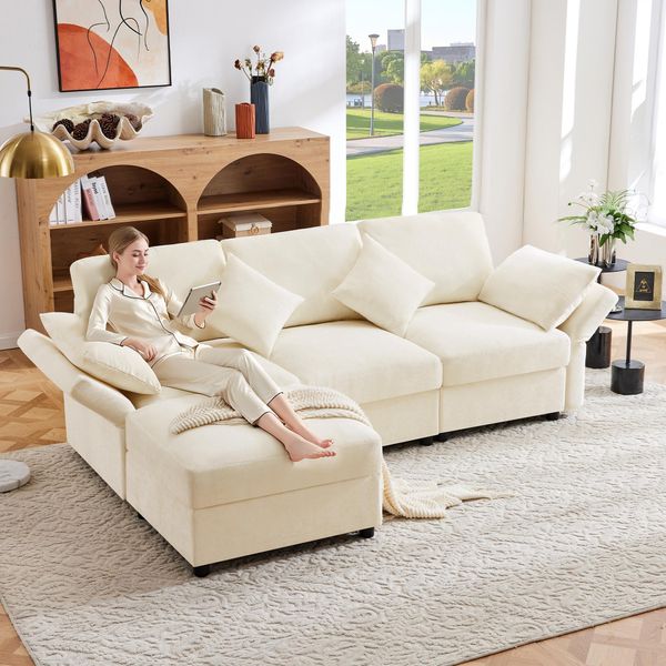 Divano Angolare Merax, Soffa A L Con Funzione Letto, 4 Cuscini, Poggiapiedi, Braccioli Regolabili, Divano Da Salotto, Set Di Divani, Lino, Beige-image