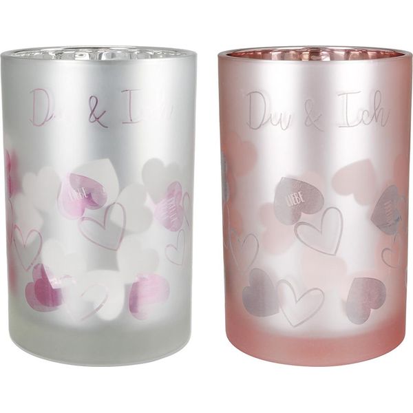 Gilde Windlicht, Zylindrisch, "Du & Ich"", Herzmotiv, Schriftzug, Glas, Pink, Silberfarben, , 2 StüCk Wie Abgebildet, H. 18 Cm, D. 12 Cm 50696"-image