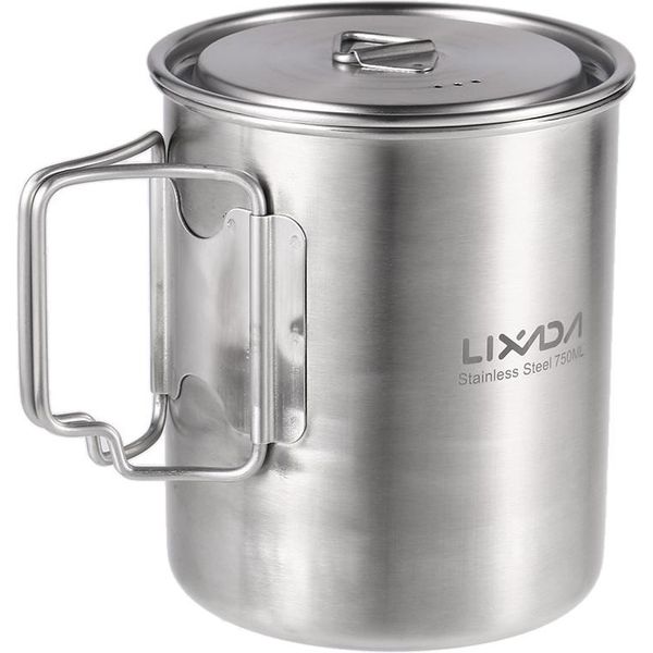 Tazza Da 750 Ml In Acciaio Inox Per Esterni - Con Manici E Coperchio Pieghevoli, Ideale Per Il Campeggio E Le Escursioni A Piedi-image
