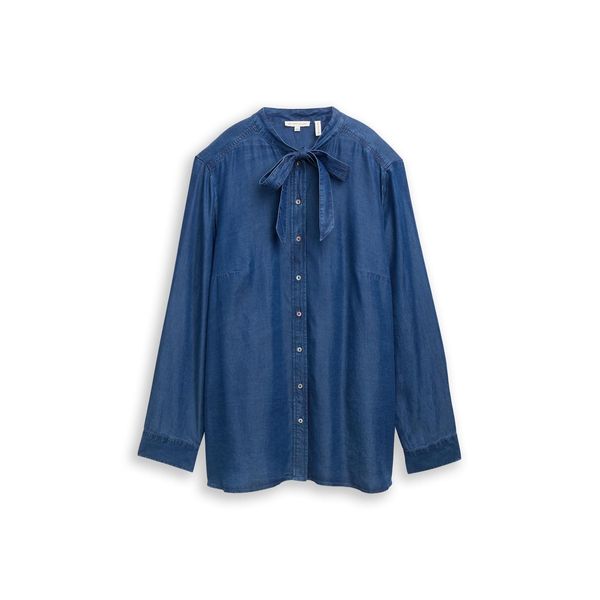 Tom Tailor Damen Plus Size - Bluse Mit Schleifen-Detail, Blau, Uni, Gr. 46-image