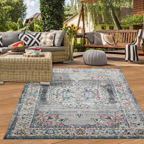 Tappeto Orientale Da Salotto Vintage In Grigio Blu Dimensioni - 120 X 170 Cm-image