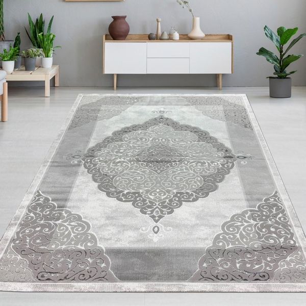Tappeto Di Design Per Il Salotto Tappeto Ornamentale Barocco Grigio Crema Dimensioni - 120 X 170 Cm-image