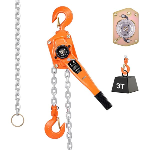 Paranco A Leva Vevor, Portata 3 T, Paranco A Catena Manuale, Corsa 3 M, Catena In Acciaio Legato G80 Con Freno Meccanico A Doppio Nottolino, Ganci Rotanti A 360°, Paranco A Cricchetto Per Magazzino, Edilizia, Garage-image