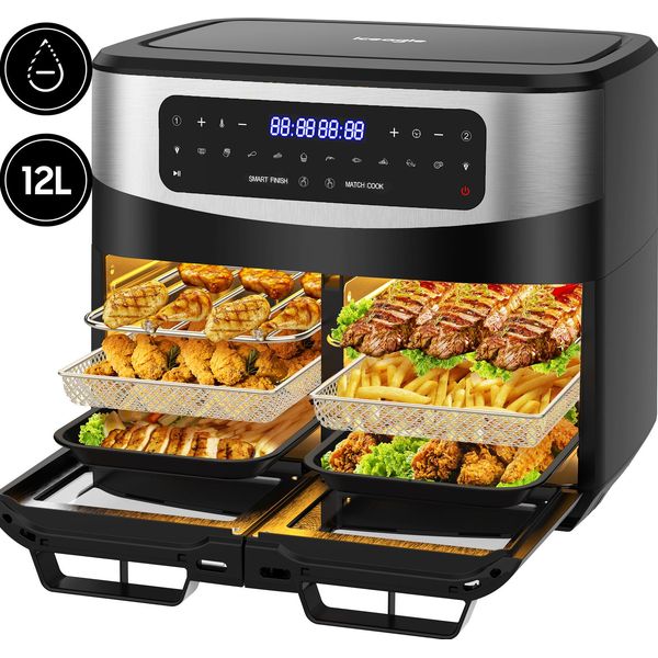 Friggitrice Ad Aria Calda A Doppia Camera Airfryer 12L Friggitrice Ad Aria Calda Xxl Con Finestra Di Visualizzazione, 2 Scomparti, 10 Programmi, Sync Finish & Dual Cook, 2600W-image
