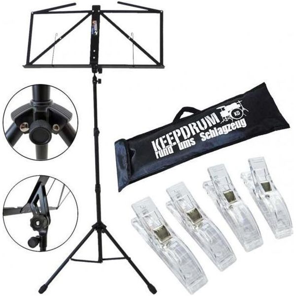 Keepdrum MUS3BK Leggio Nero Con 4 Morsetti Musicali-image