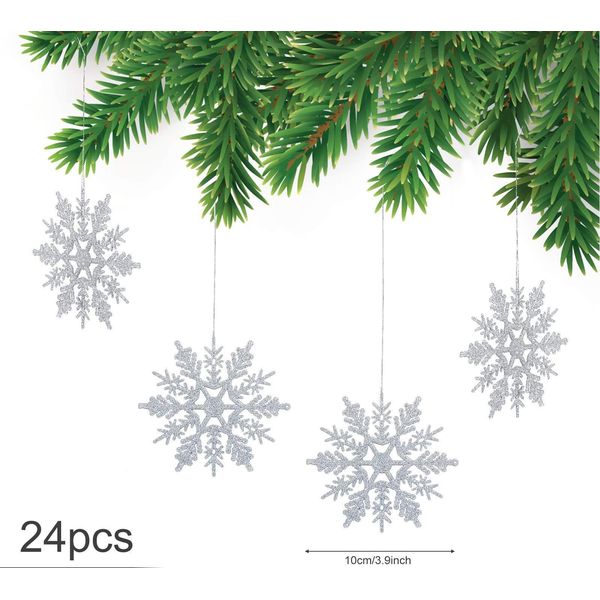 24 X Fiocchi Di Neve Decorazione Natalizia Per Albero Di Natale Glitter Decorazioni Per Albero Di Natale, Argento, Plastica-image