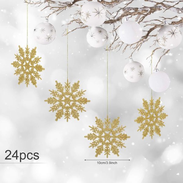 24 X Fiocchi Di Neve Decorazione Natalizia Per Albero Di Natale Glitter Decorazioni Per Albero Di Natale, Oro, Plastica-image