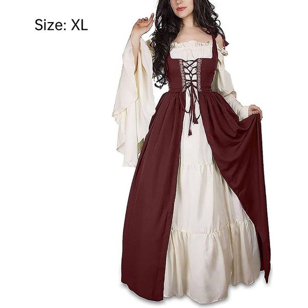Abito Medievale Da Donna Con Maniche A Tromba Costume Da Festa Medievale Maxi Abito, Rosso, Xl-image
