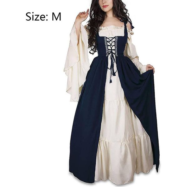 Abito Medievale Da Donna Con Maniche A Tromba Costume Da Festa Medievale Maxi Abito, Blu, M-image