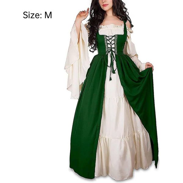 Abito Medievale Da Donna Con Maniche A Tromba Costume Da Festa Medievale Maxi Abito, Verde, M-image