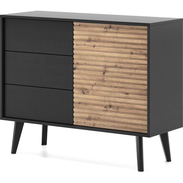 Cassettiera Con 3 Cassetti, 1 Anta E 2 Ripiani - Nero/Rovere Artigianale - Contenitore Elegante - 104 X 83 X 39 Cm-image