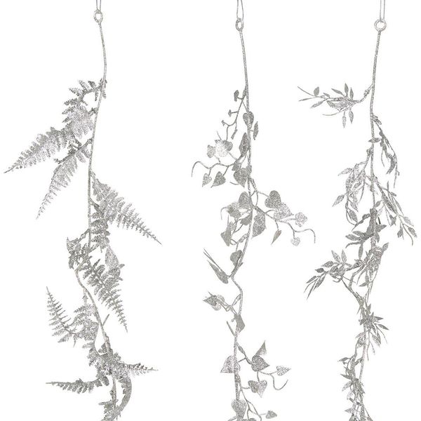 Ghirlanda Natalizia Di Felci E Foglie Glitterate 180 Cm, Set Di 3 Decorazioni Da Appendere In Argento-image