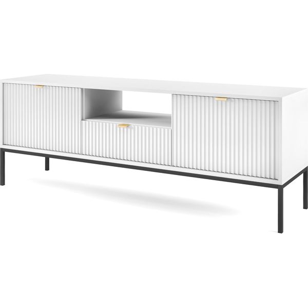Mobile Tv: Un Cassetto, Due Ante, Tre Ripiani, Colore: Bianco, Colore Telaio: Nero. Dimensioni Del Mobile: L: 154 Cm, A: 56 Cm, P: 39 Cm-image
