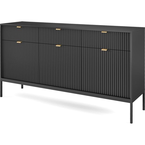 Cassettiera: 3 Cassetti, 3 Ante, Nero, Nero, 154 X 83 X 39 Cm, Maniglie Dorate-image