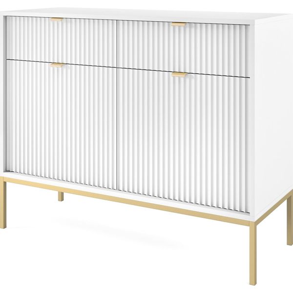 Cassettiera: 2 Cassetti, 2 Ante, Bianco, Oro, 104 X 83 X 39 Cm, Maniglie Dorate-image