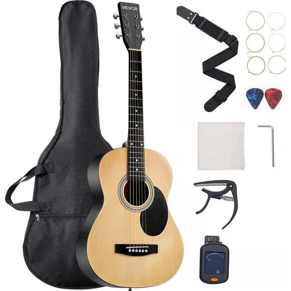 Vevor Chitarra Acustica Dreadnought, 39 Pollici, 6 Corde In Abete Massello Naturale, Pacchetto Portatile Con Borsa Da Concerto, Accordatore, Tracolla, Corde In Acciaio, Plettri, Capotasto, Tastiera In Palissandro, Per Adulti Principianti-image