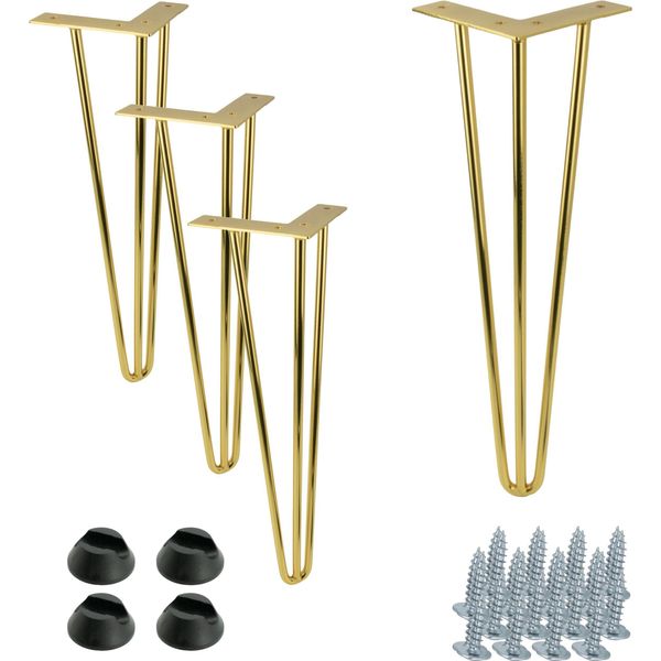 Elegante Set Di 4 Gambe Per Mobili A Forcina In Metallo Dorato Lucido, Altezza 41 Cm - Ideale Per Tavoli, Panche E Arredi Moderni.-image