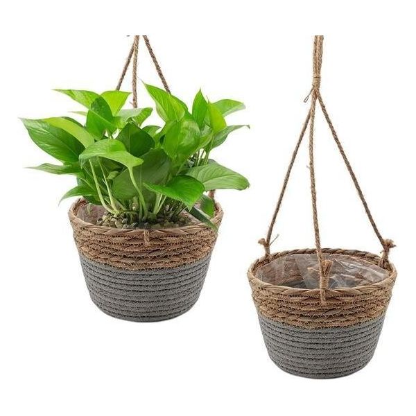 Cesto Per Piante Appese, 2 Pezzi, Appendino Per Fiori Boho, 20 Cm, Piante Intrecciate A Mano, Fioriera, Vaso Appeso, Cesto, Cesto Per Piante Naturali, Lampada Appesa, Appendino Per Piante, Grigio-image