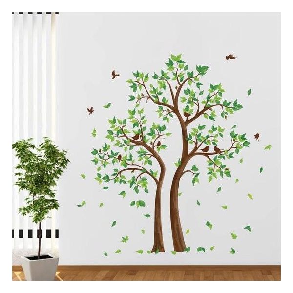 Adesivo Murale Albero Grande - Adesivo Murale Verdure Foglie - Adesivo Murale Uccelli Volanti Per Soggiorno E Camera Da Letto-image