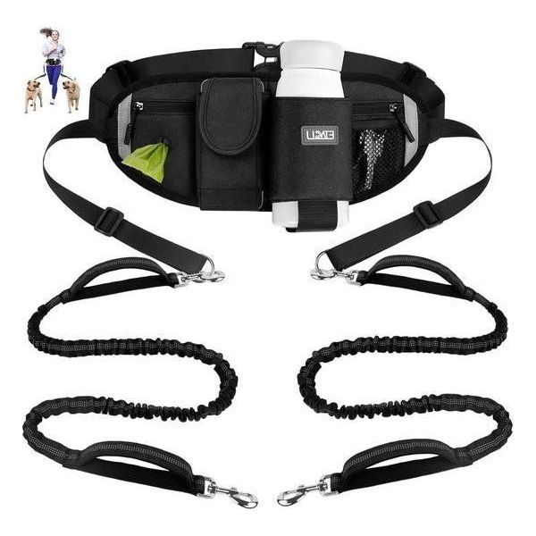 Guinzaglio Da Jogging Per 2 Cani - Passante Per Mano Con Cintura Addominale - Cani Doppi - Guinzaglio Elastico Con Catarifrangente 90-130 Cm - Cani Di Taglia Grande E Media - Guinzaglio Da Jogging Per Cani Che Corrono-image