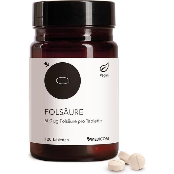 Acido Folico Medicom Con 600 μG Di Acido Folico, 120 Compresse, Per La Divisione Cellulare, La Formazione Del Sangue E Contro L'affaticamento-image
