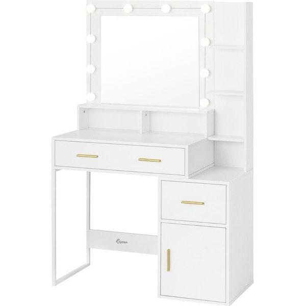 Tavolo Da Toilette - Con Specchio E Illuminazione - Tavolo Da Toilette - Tavolo Da Toilette - Hollywood - 90X40X143 Cm - Lampade Led - Bianco-image