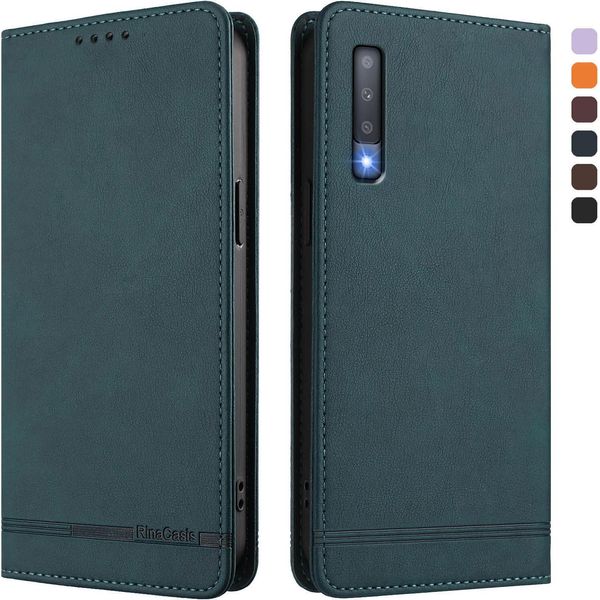Custodia Per Samsung Galaxy A7 2018, Retro Custodia Flip In Finto Cuoio Con Supporto E Slot Per Carte Verde-image