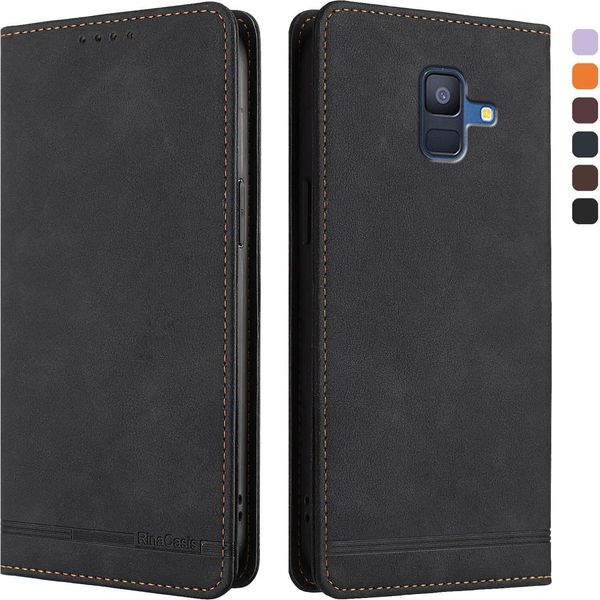 Custodia Per Samsung Galaxy A6 2018, Retro Custodia Flip In Finto Cuoio Con Supporto E Slot Per Carte Nero-image
