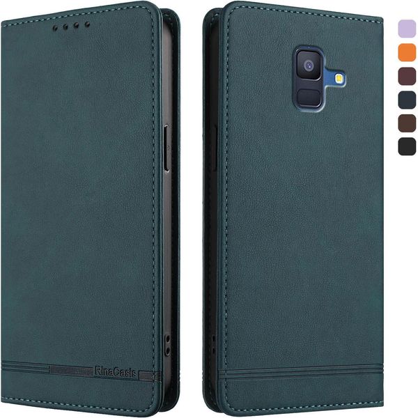 Custodia Per Samsung Galaxy A6 2018, Retro Custodia Flip In Finto Cuoio Con Supporto E Slot Per Carte Verde-image