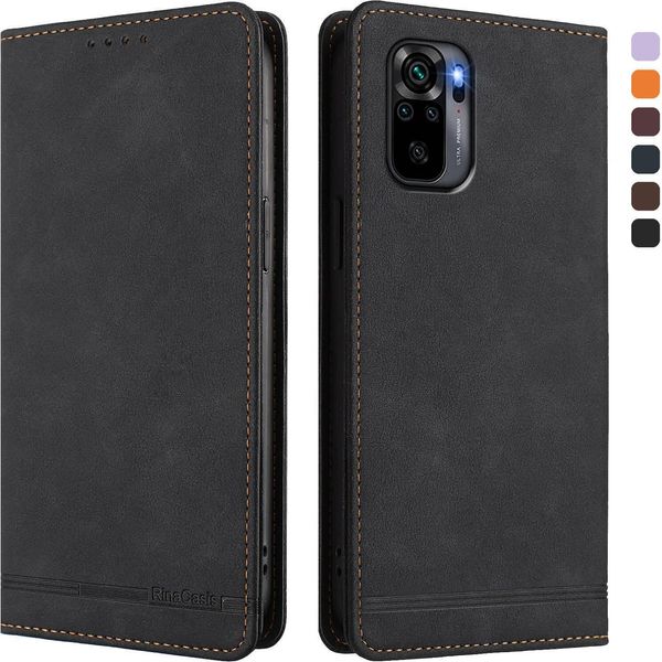 Custodia Per Xiaomi Redmi Note 10S/Note 10 4G, Retro Custodia In Finto Cuoio Flip Con Supporto E Slot Per Schede Nero-image