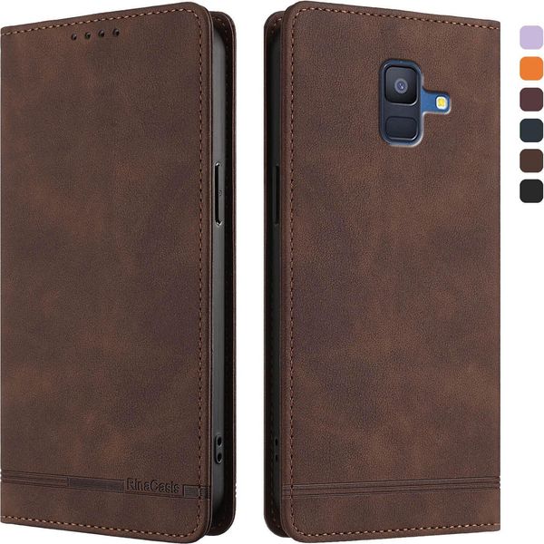 Custodia Per Samsung Galaxy A6 2018, Retro Custodia Flip In Finto Cuoio Con Supporto E Slot Per Carte Di Credito Marrone-image